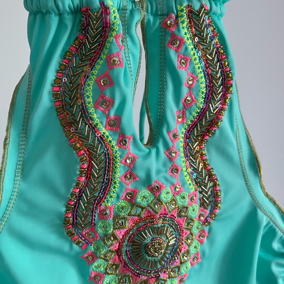 Embroidered beaded Colombian Mexican trikini monokini swimsuit mint/aqua color - Picture 5 of 9